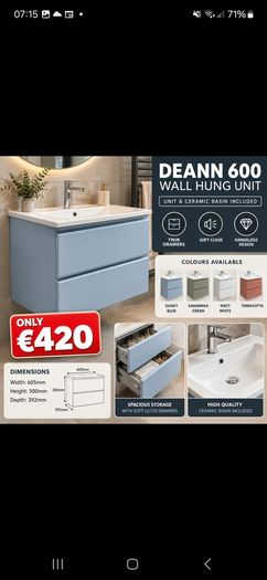 Deann 600 wall hung unit multiple colours