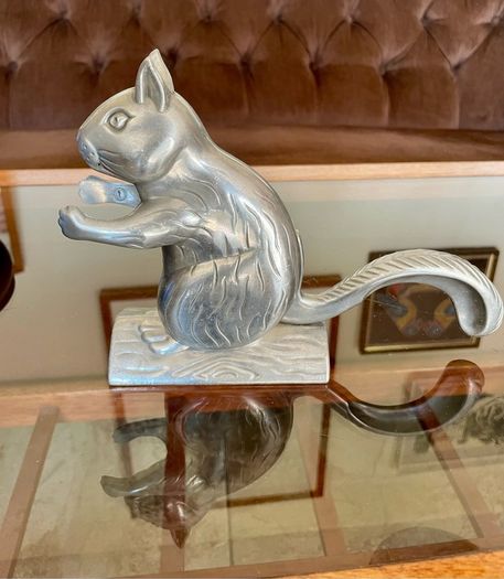 Vintage Aluminum Metal Squirrel on Log Nutcracker