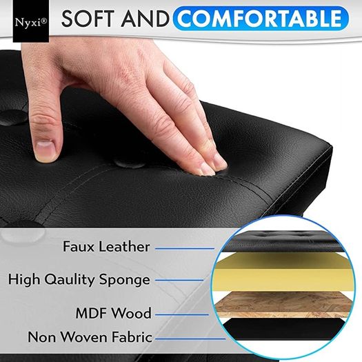 Faux Leather 76x38x38cm Black Ottoman Foldable Storage Boxes Seat Foot Stool Storage Box with Lids for Kids Toys, Bedroom, Hallway, Living Room (FREE POSTAGE)