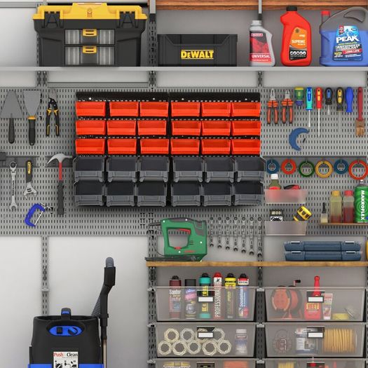 Wall Mounted Storage Bin Rack Tool Organizer with 30 Bins, Pegboard for Garage Workshops Red