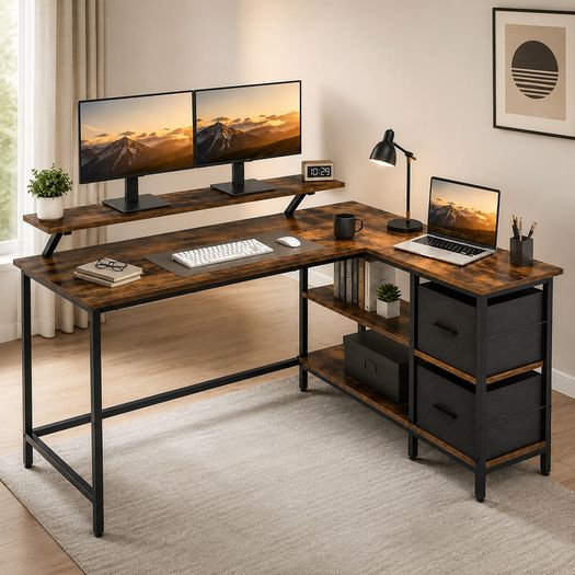 L-Shaped Corner Desk with Storage Drawers & Monitor Shelf  Vintage Brown