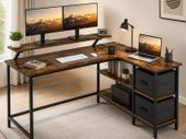 L-Shaped Corner Desk with Storage Drawers & Monitor Shelf  Vintage Brown
