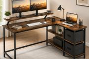 L-Shaped Corner Desk with Storage Drawers &amp; Monitor Shelf  Vintage Brown