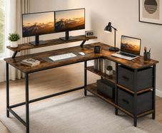 L-Shaped Corner Desk with Storage Drawers & Monitor Shelf  Vintage Brown