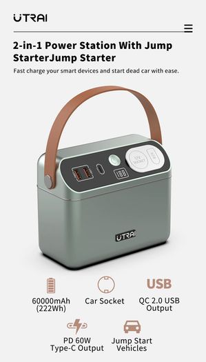 60000mAh 222Wh Jump Starter Power Bank Station PD 60W Portable Charger Car Booster Starting Device Outdoor