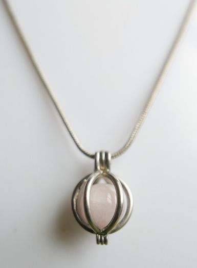 Vintage Rose Quartz Sterling Silver 925 Cage Necklace, "Love Stone" Pendant length 20" - 6,8g