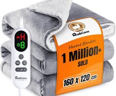 Electric Heated Blanket Throw 120  160cm, Flannel Sherpa, Fast Heating, 10 Heat Levels, 9H Auto-Off, LED Controller, Overheat Protection, Machine Washable, ETL Certified, Grey