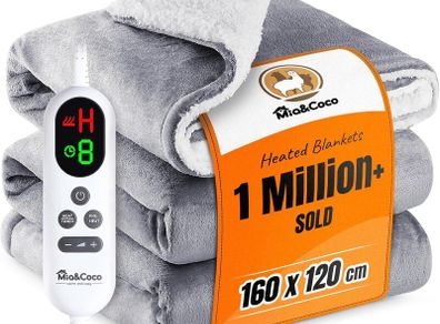 Electric Heated Blanket Throw 120  160cm, Flannel Sherpa, Fast Heating, 10 Heat Levels, 9H Auto-Off, LED Controller, Overheat Protection, Machine Washable, ETL Certified, Grey