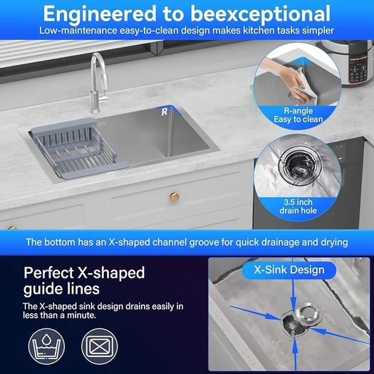 Stainless Steel kitche Sink,50 x 43cm,Inset Kitchen Sink,with Waste Kit,Drain Pipe,Pull-Out Drainer Basket,Suitable for Bathroom,Caravan Travelling