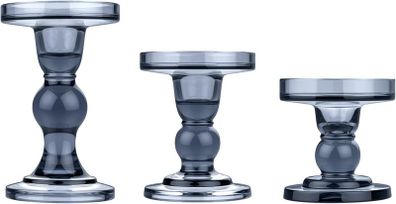 Glass Candle Holders, 3 Pieces Crystal Clear Candlesticks With Elegant Design for Pillar Taper Candle and Tea light, Home Table Living Room Wedding Party Decorations Home Decor - Smoky Blue