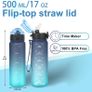 500ml/17oz Kids Water Bottles with Straw Tritan Childrens Bottle with Flip Top Lid BPA Free Measured Drinks Bottles with Strap for School Girls Boys Sports Reusable Time Markings Leakproof Image 6