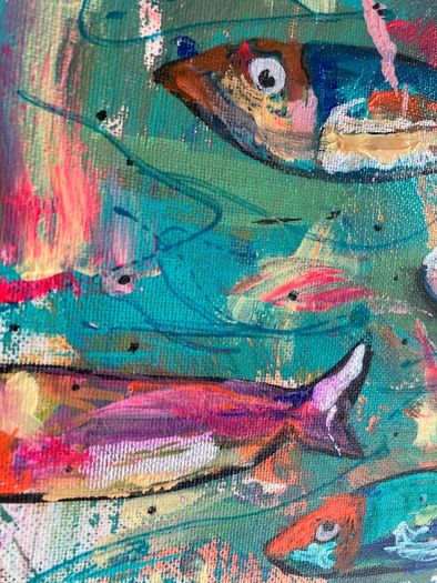 Framed Original Abstract Painting of Fish Original Gift