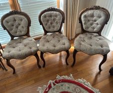Victorian Antique Carved Wood Parlor Chairs with Damask upholstery