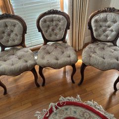 Victorian Antique Carved Wood Parlor Chairs with Damask upholstery