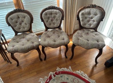 Victorian Antique Carved Wood Parlor Chairs with Damask upholstery