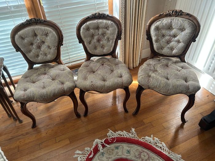 Victorian Antique Carved Wood Parlor Chairs with Damask upholstery