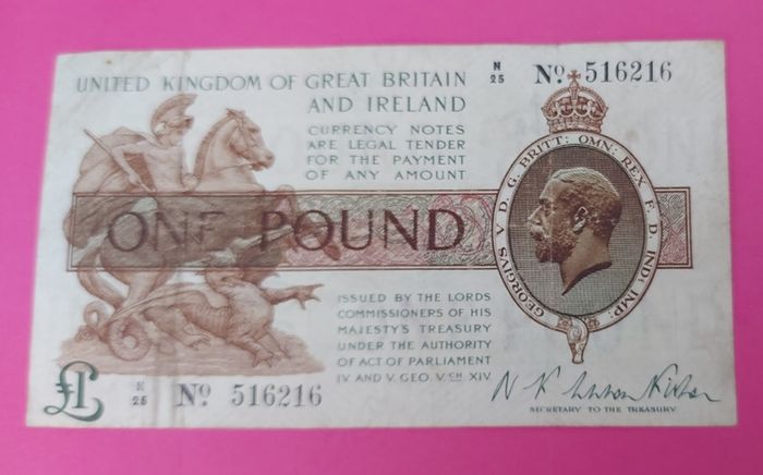 English 1919 One Pound Banknote Very Fine Condition