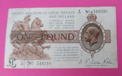 English 1919 One Pound Banknote Very Fine Condition