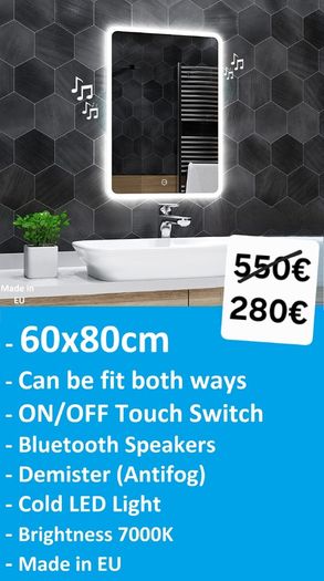 LED Bathroom Mirror Bluetooth Speakers Fog Free