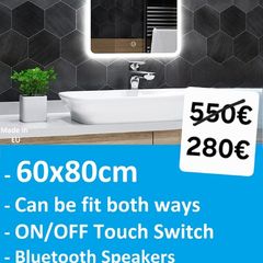 LED Bathroom Mirror Bluetooth Speakers Fog Free Demister Vanity Makeup Cosmetic Illuminated Bright Cold Cool Light