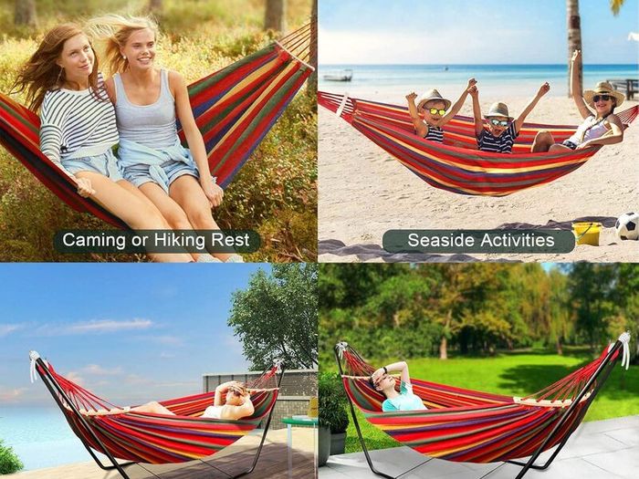 Hammock with Stand, Double Cotton Hammock with Adjustable Steel Frame & Spreader Bar