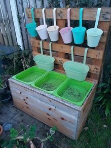 Wooden Ikea trofast storage unit and  Large pallet 3 green boxes and 8 metal planters pots