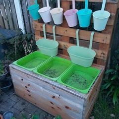 Wooden Ikea trofast storage unit Large pallet 3 green boxes and 8 metal planters pots