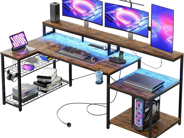 181CM L Shaped Corner Desk with Power Outlets LED Lights Gaming Desk with Long Monitor Stand Large Computer Desk with Storage Shelf Cup Holder Headset Hooks Ideal for Gaming Room