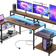 181CM L Shaped Corner Desk with Power Outlets LED Lights Gaming Desk with Long Monitor Stand Large Computer Desk with Storage Shelf Cup Holder Headset Hooks Ideal for Gaming Room