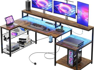 181CM L Shaped Corner Desk with Power Outlets LED Lights Gaming Desk with Long Monitor Stand Large Computer Desk with Storage Shelf Cup Holder Headset Hooks Ideal for Gaming Room