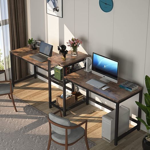 _Two-person desk with storage compartments, 94 inch extra-long double computer table with printer stand, bookshelf, large double workstation, home office table, desk