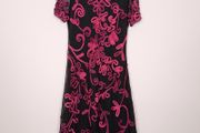 Country Casuals CC Black Sheer Mesh Fuchsia Pink Soutache Ribbon Embroidered V-Neck Midi Dress 16UK/44EU