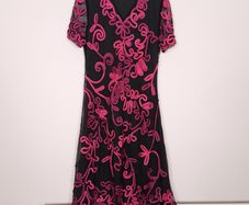 Country Casuals CC Black Sheer Mesh Fuchsia Pink Soutache Ribbon Embroidered V-Neck Midi Dress 16UK/44EU