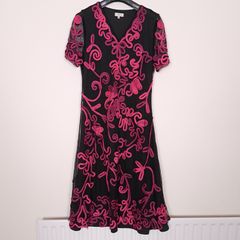 Country Casuals CC Black Sheer Mesh Fuchsia Pink Soutache Ribbon Embroidered V-Neck Midi Dress 16UK/44EU