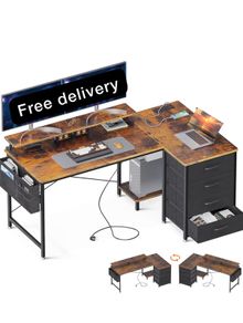 Corner Desk with Drawers, L Shaped Computer Desk 140x80cm with USB Charging Port & Power Outlet