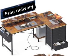 Corner Desk with Drawers, L Shaped Computer Desk 140x80cm with USB Charging Port & Power Outlet
