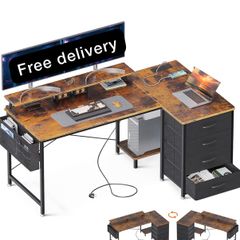 Corner Desk with Drawers, L Shaped Computer Desk 140x80cm with USB Charging Port & Power Outlet