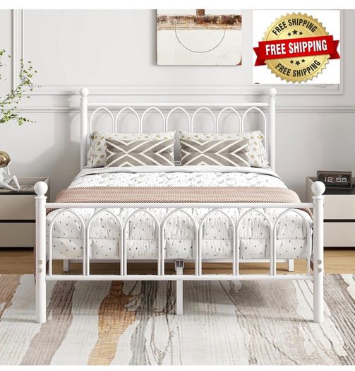 Double Bed Frame with Headboard and Footboard,Metal Platform Bed Frame Double Bed With Storage No Box Spring Needed,Strong Steel Slat Support/Mattress Base/White
