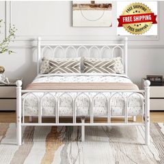 Double Bed Frame with Headboard and Footboard,Metal Platform Bed Frame Double Bed With Storage No Box Spring Needed,Strong Steel Slat Support/Mattress Base/White
