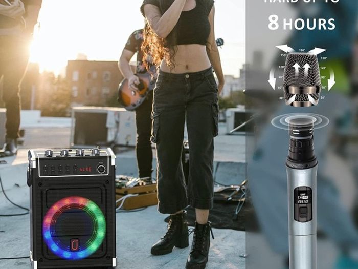 Karaoke Machine with 2 UHF Wireless Microphones, Bluetooth Speaker with Bass/Treble Adjustment and LED Light, PA System Support TWS, AUX in, FM, REC, Supply for Party/Adults/Kids MULTIPLE COLOURS AVAILABLE (FREE POSTAGE)