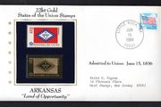 1988 USA Arkansas "Land of Opportunity" 22kt Gold Replica of the 1976 United States Flag Stamps showing 25c US flag definitive tied Little Rock, Arkansas (state capital) illustrated cover.