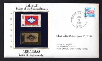 1988 USA Arkansas "Land of Opportunity" 22kt Gold Replica of the 1976 United States Flag Stamps showing 25c US flag definitive tied Little Rock, Arkansas (state capital) illustrated cover.