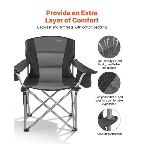 Oversized Camping Chairs, 204 kg Heavy Duty Support, Portable Folding Camp Chairs with Padded Backrest & Armrests, Cup Holder & Side Pocket, Cooler Bag, Carry Bags for Outdoor, Fishing, 2 Pack