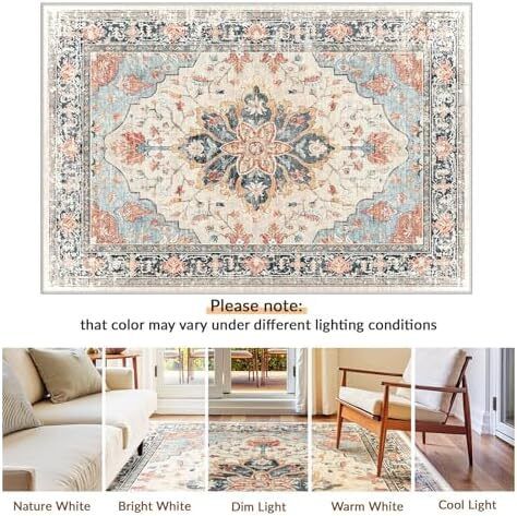 Machine Washable Rugs 90x150 cm Vintage Area Rug Low Pile Anti-Slip Carpet with Print Pattern for Living Room Bedroom Home Office Indoor Beige/Blue/Orange