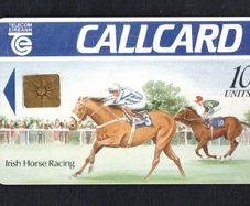 1991 Ireland 10 unit Irish Horse Racing Definitive Callcard with Gemplus Chip, Marlborough Street Address, Matt finish, No Flag, No Barcode Used. Telecom Eireann card number 1033.