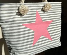 Striped Shopper / Beach Tote Bag (rope handles, pink star, cotton), 33cm