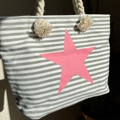 Striped Shopper / Beach Tote Bag (rope handles, pink star, cotton), 33cm
