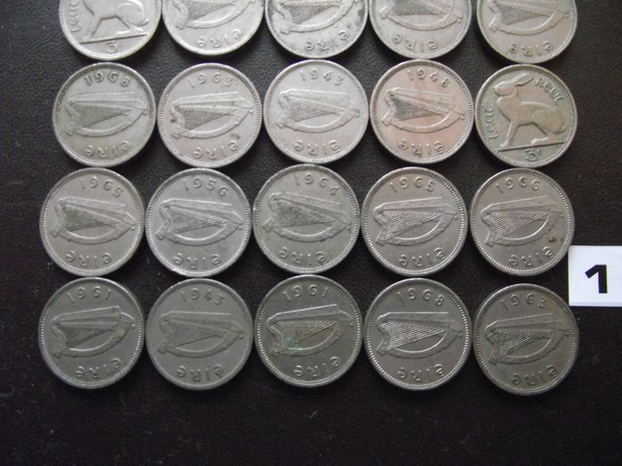 30 Irish 3 pence coins (1942-1968)
