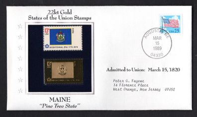 1988 USA Maine "Pine Tree State" 22kt Gold Replica of the 1976 United States Flag Stamps showing 25c US flag definitive tied Augusta, Georgia (state capital) illustrated cover