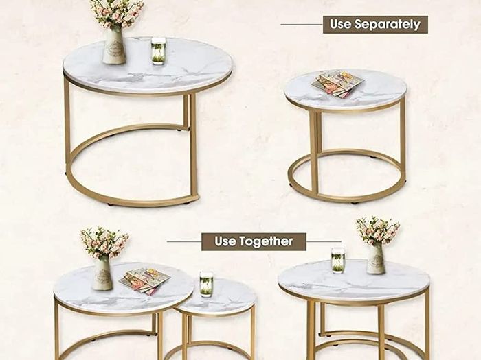 Round Coffee Tables, Removable Set of 2 End Table, Nesting Tables with Gold Metal Frame Legs and Marble White Top for Living Room, Bedroom, Office, Balcony, Apartment (FREE SHIPPING)